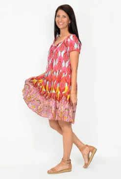 One Summer Nora Short Sleeve Tassel V Neck Dress in Pink Samba- Knee Length Dresses | Cotton Dresses