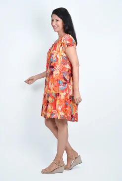 One Summer Nora Short Sleeve Tassel V-Neck Dress in Orange- Above Knee Dresses | Knee Length Dresses