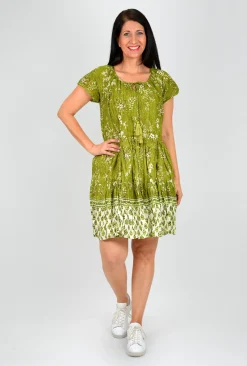 One Summer Nora Short Sleeve Tassel V-Neck Dress in Olive Green- Short Sleeved Dresses | Sleeved Dress