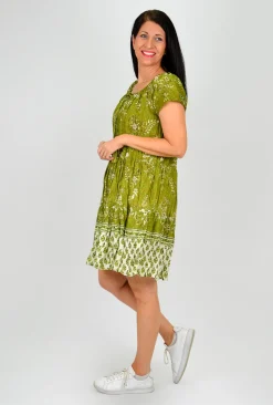 One Summer Nora Short Sleeve Tassel V-Neck Dress in Olive Green- Short Sleeved Dresses | Sleeved Dress