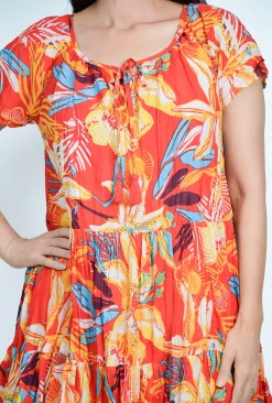 One Summer Nora Short Sleeve Tassel V-Neck Dress in Orange- Above Knee Dresses | Knee Length Dresses