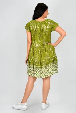 One Summer Nora Short Sleeve Tassel V-Neck Dress in Olive Green- Short Sleeved Dresses | Sleeved Dress