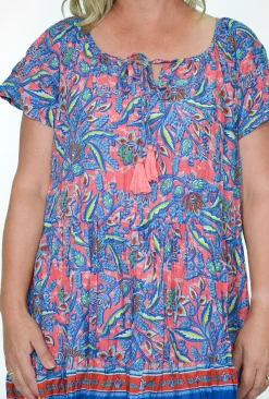 One Summer Nora Short Sleeve Tassel V-Neck Dress in Pink & Blue- Above Knee Dresses | Knee Length Dresses