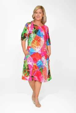 Orientique Nya Rayon Elbow Sleeved Shift Dress in- Knee Length Dresses | Sleeved Dress