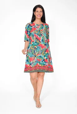 Orientique Nya Rayon Elbow Sleeved Shift Dress in & Green Tropics- Long Sleeved Dresses | Above Knee Dresses