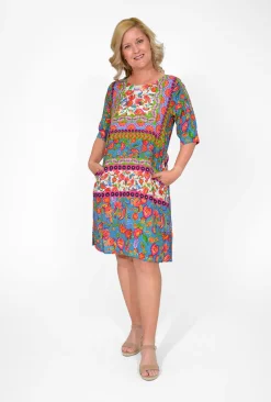 Orientique Nya Rayon Elbow Sleeved Shift Dress in- Long Sleeved Dresses | Knee Length Dresses