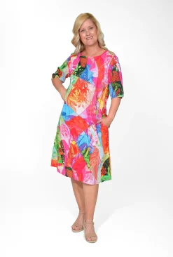 Orientique Nya Rayon Elbow Sleeved Shift Dress in- Knee Length Dresses | Sleeved Dress