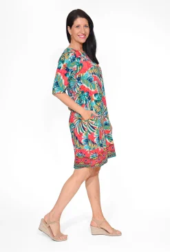 Orientique Nya Rayon Elbow Sleeved Shift Dress in & Green Tropics- Long Sleeved Dresses | Above Knee Dresses