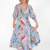 Orientique Nyla Rayon Short Sleeve Wrap Dress in Blue Tropics- Maxi Dresses | Long Dresses