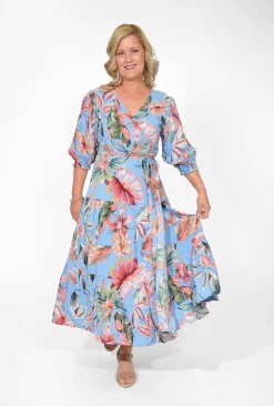 Orientique Nyla Rayon Short Sleeve Wrap Dress in Blue Tropics- Maxi Dresses | Long Dresses