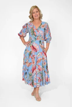 Orientique Nyla Rayon Short Sleeve Wrap Dress in Blue Tropics- Maxi Dresses | Long Dresses