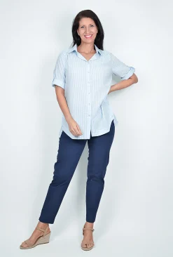 Willow Tree Ophelia Cotton Button Up Blouse in Blue Stripe- Cotton Tops | Short Sleeve Tops