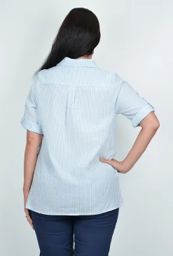 Willow Tree Ophelia Cotton Button Up Blouse in Blue Stripe- Cotton Tops | Short Sleeve Tops
