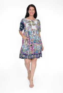 Orientique Paige Organic Cotton Layer Dress in Navy Motifs- Short Sleeved Dresses | Above Knee Dresses