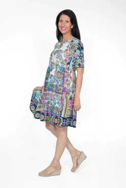 Orientique Paige Organic Cotton Layer Dress in Navy Motifs- Short Sleeved Dresses | Above Knee Dresses