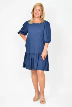 New U Collection - Natural Bay Pam Puff Sleeve Frill Hem Dress in- Above Knee Dresses | Knee Length Dresses
