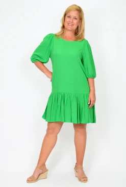 New U Collection - Natural Bay Pam Puff Sleeve Frill Hem Dress in- Above Knee Dresses | Knee Length Dresses