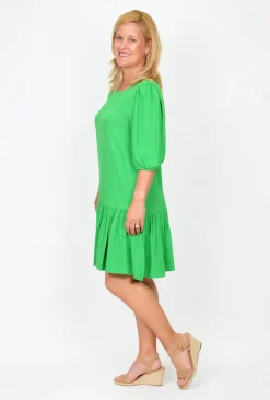 New U Collection - Natural Bay Pam Puff Sleeve Frill Hem Dress in- Above Knee Dresses | Knee Length Dresses