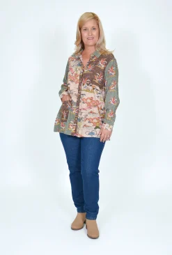 Orientique Pattie Long Sleeve Shirt in Sage Multi- Cotton Tops | Long Sleeved Tops