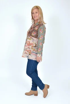Orientique Pattie Long Sleeve Shirt in Sage Multi- Cotton Tops | Long Sleeved Tops