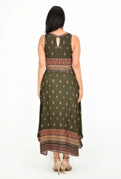 Caroline Morgan Paula Paisley Maxi Dress in Khaki Green- Sleeveless Dresses | Maxi Dresses