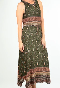 Caroline Morgan Paula Paisley Maxi Dress in Khaki Green- Sleeveless Dresses | Maxi Dresses