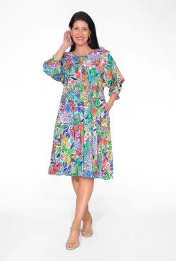 Orientique Penelope Rayon 3/4 Sleeve Boho Dress in Summer Garden- Knee Length Dresses | Sleeved Dress
