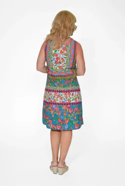 Orientique Peta Reversible Organic Cotton Shift Dress in Teal Multi- Cotton Dresses | Knee Length Dresses