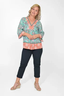 Orientique Philippa Rayon Wide Sleeve Blouse in Sage Green- 3/4 Sleeve Tops