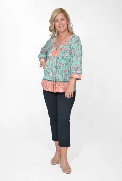 Orientique Philippa Rayon Wide Sleeve Blouse in Sage Green- 3/4 Sleeve Tops