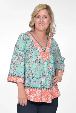 Orientique Philippa Rayon Wide Sleeve Blouse in Sage Green- 3/4 Sleeve Tops