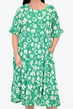 New U Collection Piper Ruffle Sleeve Dress in Summertime Green- Long Sleeved Dresses | Midi Dresses