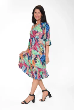 One Summer Poppy 3/4 Sleeve Cotton Dress in Multicolour- Long Sleeved Dresses | Cotton Dresses