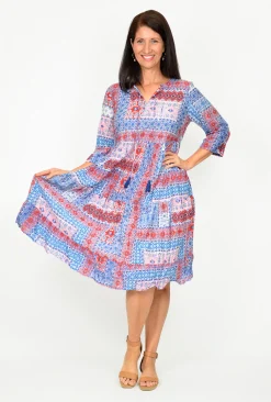 One Summer Poppy Crinkle Cotton 3/4 SleeveTunic Dress in French Summer- Long Sleeved Dresses | Knee Length Dresses