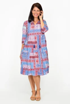 One Summer Poppy Crinkle Cotton 3/4 SleeveTunic Dress in French Summer- Long Sleeved Dresses | Knee Length Dresses