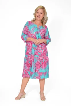 One Summer Poppy Crinkle Cotton Dress in & Teal- Long Sleeved Dresses | Knee Length Dresses