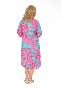 One Summer Poppy Crinkle Cotton Dress in & Teal- Long Sleeved Dresses | Knee Length Dresses
