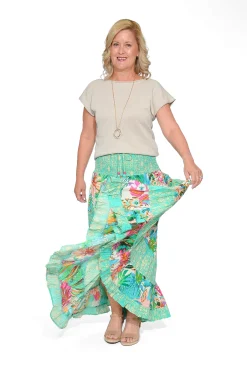 Orientique Quince Rayon Maxi Skirt in Green Patchwork-Women Womens Pants