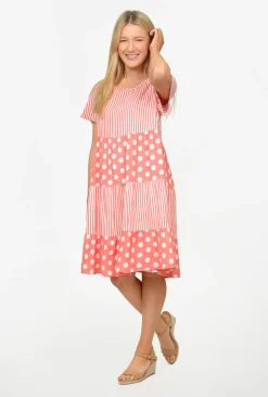 One Summer Rachel Tiered Smock Dress in Stripe and large spot- Knee Length Dresses | Short Sleeved Dresses