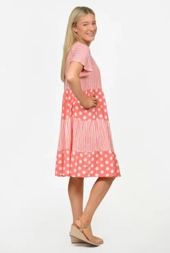 One Summer Rachel Tiered Smock Dress in Stripe and large spot- Knee Length Dresses | Short Sleeved Dresses