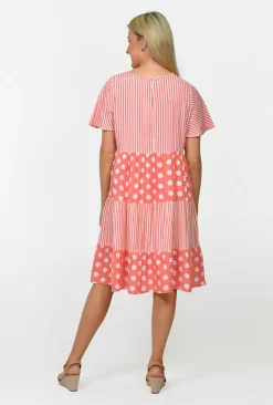 One Summer Rachel Tiered Smock Dress in Stripe and large spot- Knee Length Dresses | Short Sleeved Dresses