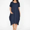 Orientique Raegan Cotton Blend Short Sleeve Bubble Dress in Navy- Short Sleeved Dresses | Knee Length Dresses