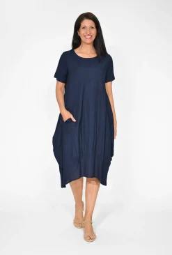 Orientique Raegan Cotton Blend Short Sleeve Bubble Dress in Navy- Short Sleeved Dresses | Knee Length Dresses