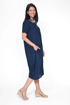 Orientique Raegan Cotton Blend Short Sleeve Bubble Dress in Navy- Short Sleeved Dresses | Knee Length Dresses