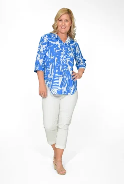 Orientique Raylene Organic Cotton Shirt in Blue- Cotton Tops | 3/4 Sleeve Tops