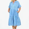 One Summer Reese Collared Tiered Midi Dress in Colbalt Stripe- Knee Length Dresses | Short Sleeved Dresses