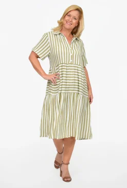 One Summer Reese Collared Tiered Midi Dress in Stripe- Knee Length Dresses | Short Sleeved Dresses