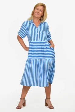 One Summer Reese Collared Tiered Midi Dress in Colbalt Stripe- Knee Length Dresses | Short Sleeved Dresses