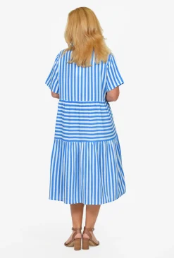 One Summer Reese Collared Tiered Midi Dress in Colbalt Stripe- Knee Length Dresses | Short Sleeved Dresses