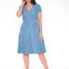 Orientique Remi Rayon Short Sleeve Dress in Purple & Blue- Short Sleeved Dresses | Knee Length Dresses